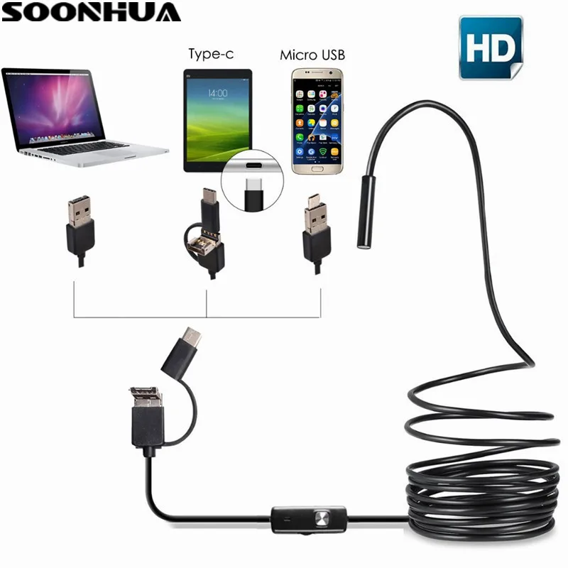 3-в-1 Тип-C/Micro USB/PC1m/2 м/3,5 м/5 м мягкий или жесткий кабель инспекции eorescope 2,0 Мегапиксели 8 мм Мини Камера Водонепроницаемый