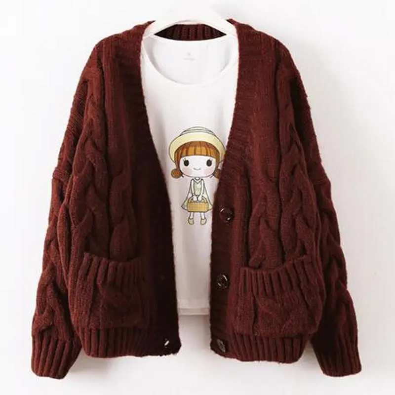 Осень зима 2018 вязаный свитер женский кардиган плотный свободный Однотонный