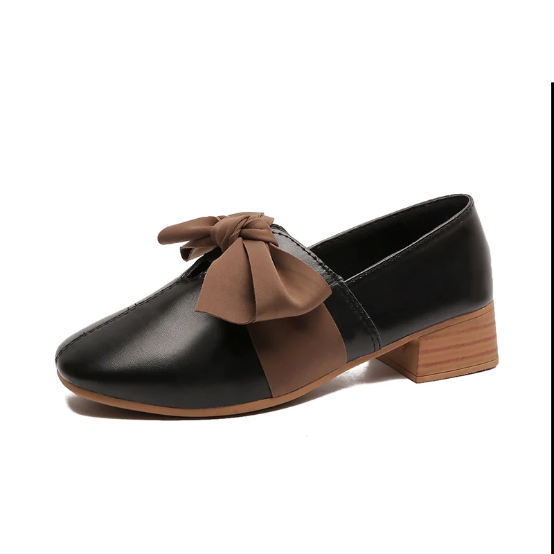 Черный Bow Knot Casual Shoes for Women Flats Leather Oxfords Women Shoes Woman Fashion Square Heels Slip on Ladies Shoes Espadrilles - Цвет: Черный