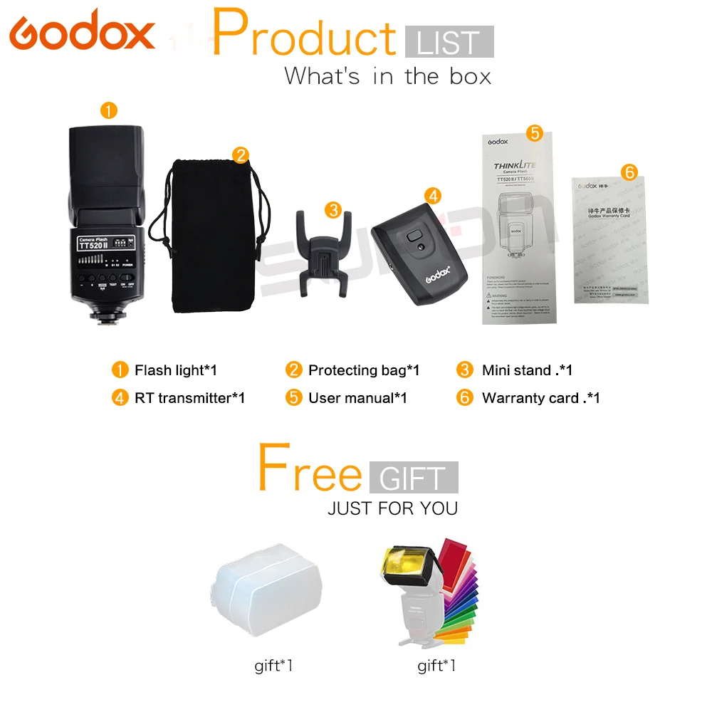 Вспышка Godox TT520II со встроенным беспроводным сигналом 433 МГц + набор цветных