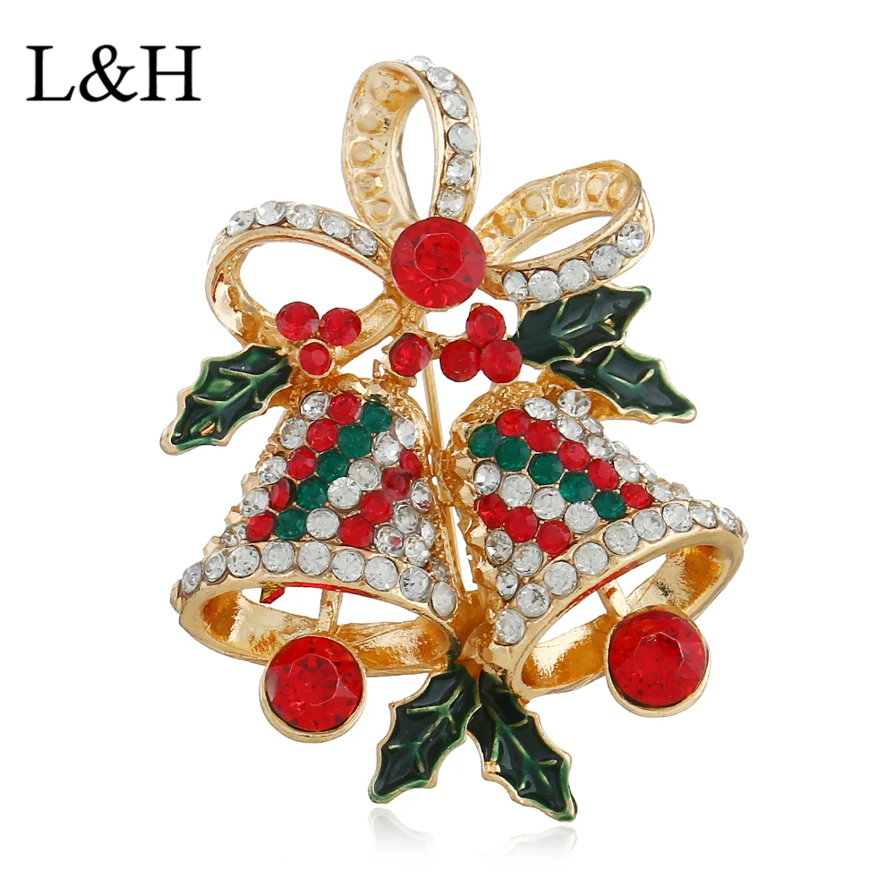 L&H 2018 Elegant Crystal Vintage Christmas Brooches for Women Large Bell Brooch Pin Fashion Dress Coat Accessories Cute Jewelry