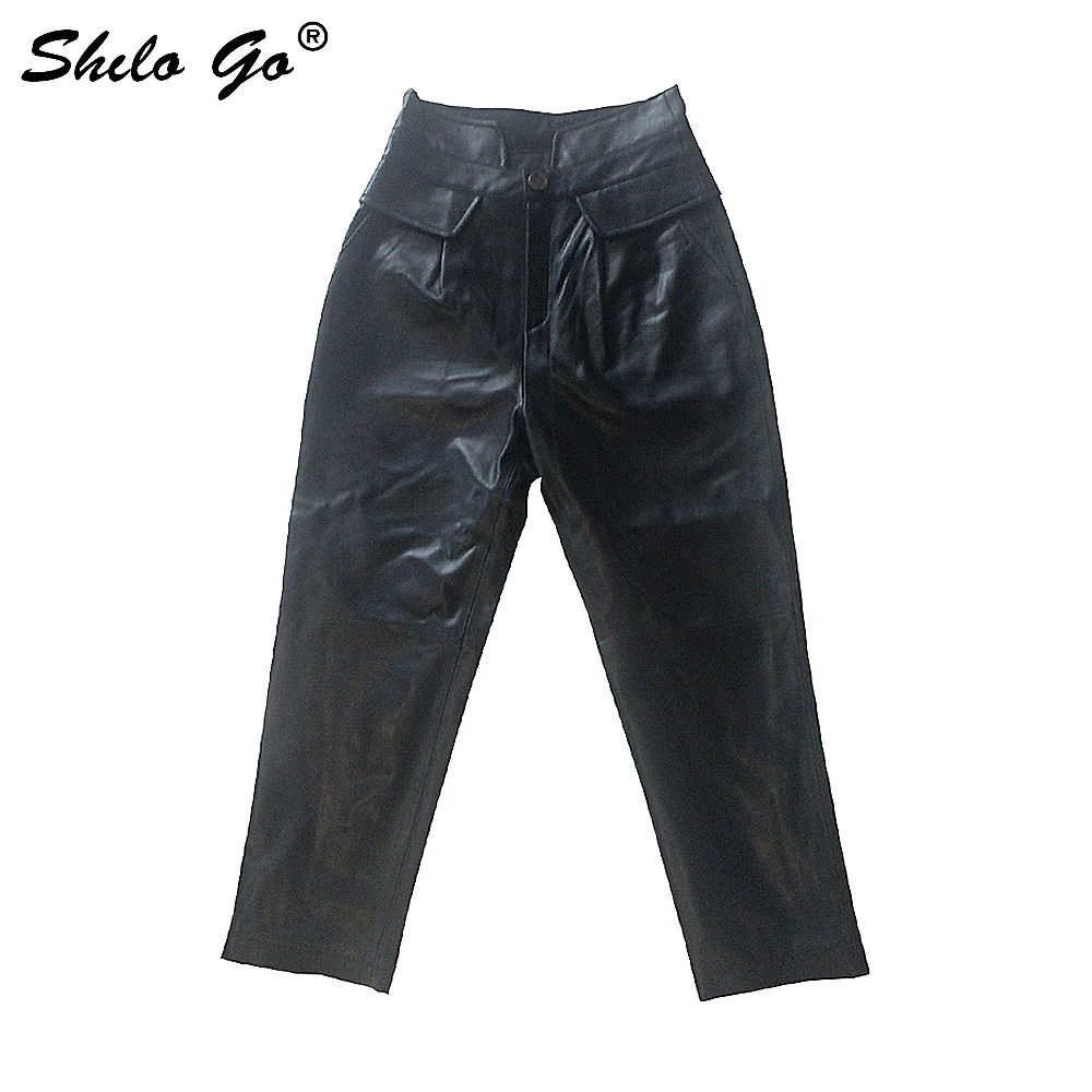 Женские кожаные брюки-шаровары на одной кнопке с высокой талией из натуральной