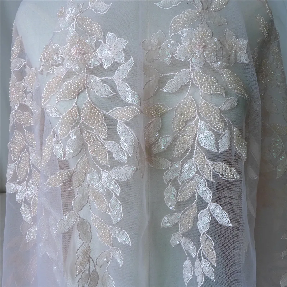 1 ярд Изысканная кружевная ткань с узором листьев и жемчугом расшитая бисером