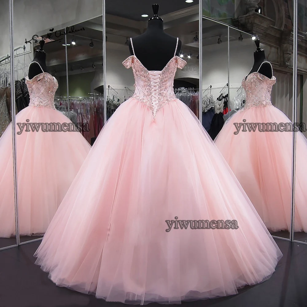 Vestidos De 15 Graduación халаты розовые кристаллы бисером Бальные платья 2021