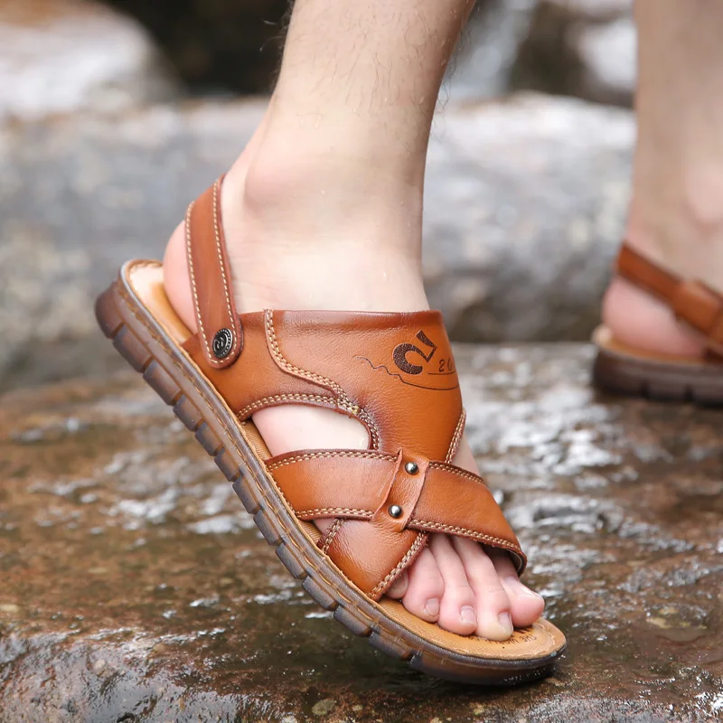 Мужские сандалии из натуральной кожи мягкие Нескользящие летние ручной работы