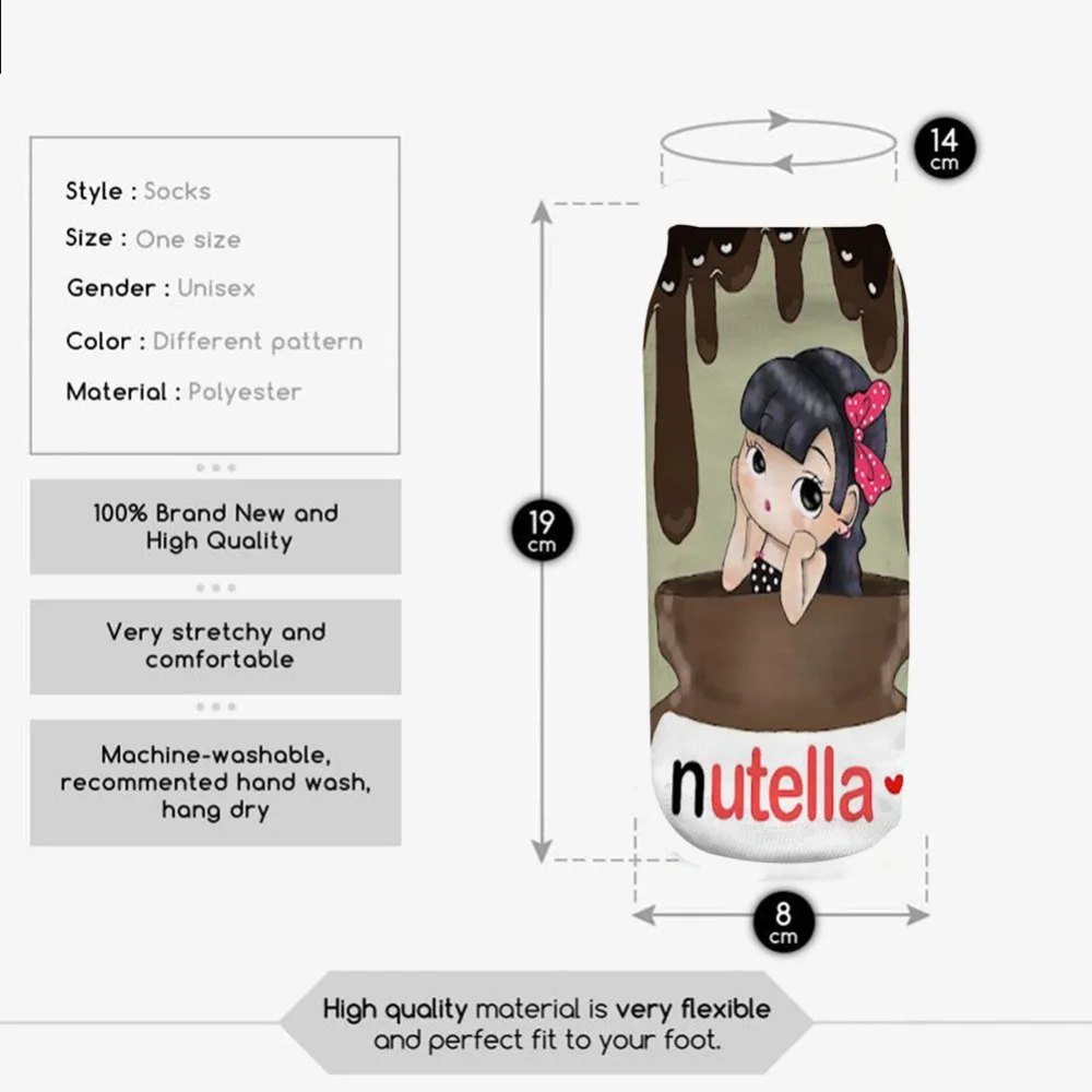 Черные волосы девушка Nutella Тип печати 3D носки мужские и женские носки женские короткие носки