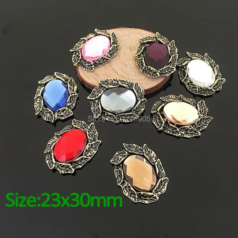 

Filigree Flat Back Embellishment For DIY Jewelry 10 pcs 23*30 mm Flower Center Buttons Oval Rhinestone with Antique Setting