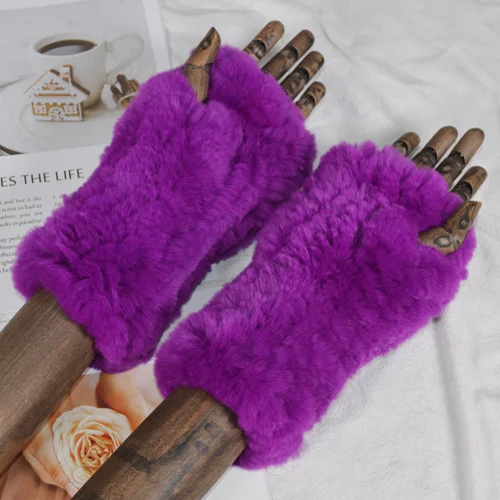 purple Женские модные вязаные теплые Настоящий мех кролика перчатки зимние женские варежки из кроличьего меха натуральный мягкий Настоящий мех кролика перчатки - Цвет: purple