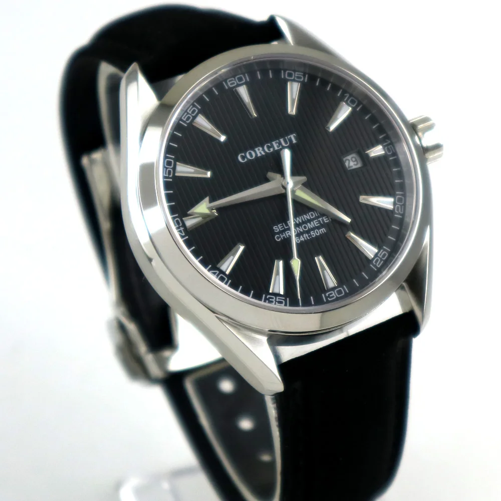 Полированные мужские часы 41 мм черный циферблат серебристые отметки