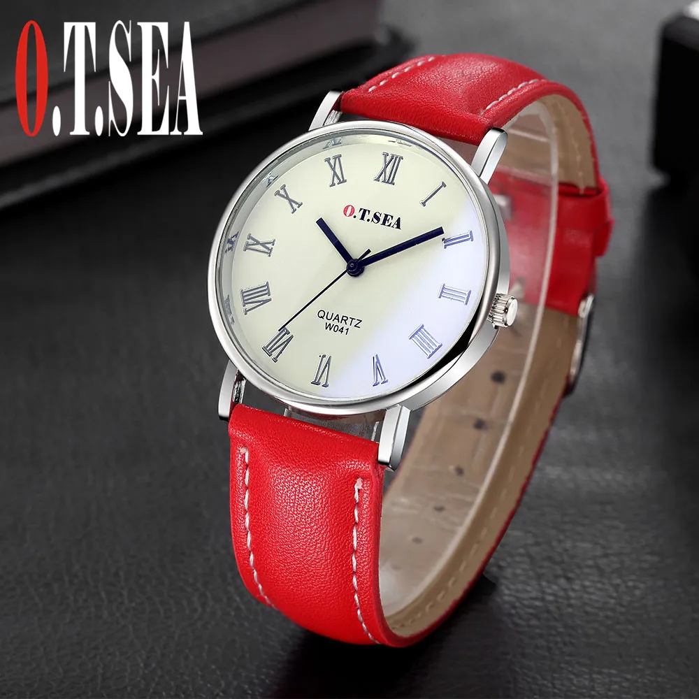 

High Quality O.T.SEA Brand Roman numerals Blue Ray Glass Faux Leather Watch Men Sports Quartz Wristwatches W041
