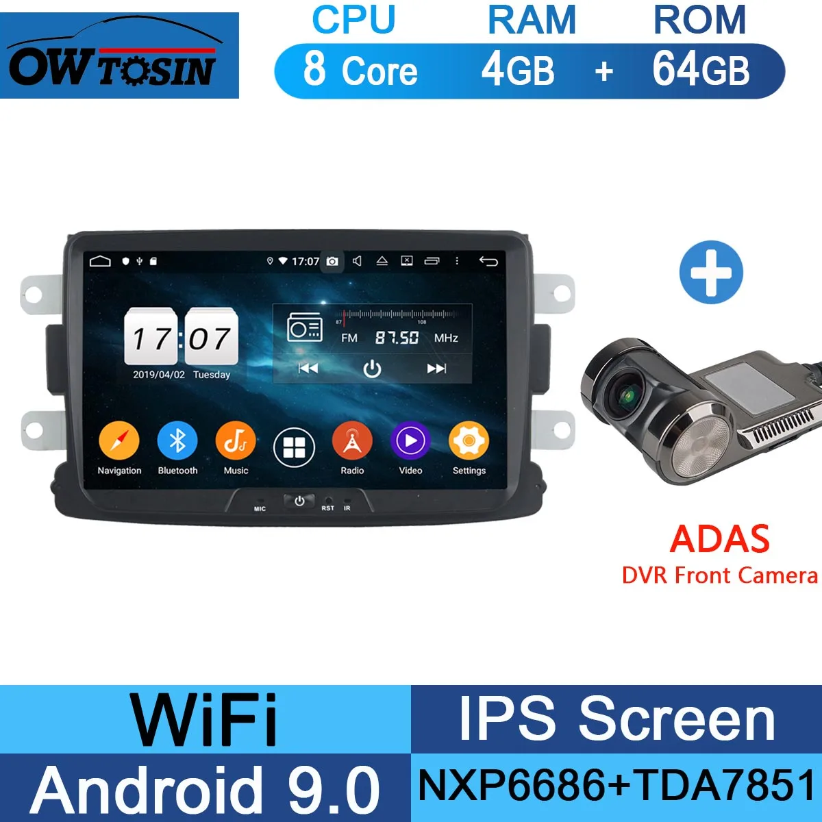 64G Adas Camera " ips 8 ядерный 4 Гб ram+ 64 Гб rom Android 9,0 автомобильный DVD радио gps для Renault Dacia Sandero Duster Lada Xray Logan 2 DSP CarPlay плеер - Цвет: 64G Adas Camera