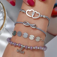 bohopan 4pcsset fashion light purple beads bracelets simple double hollow out heart bracelets boho bangles bracelets for gifts