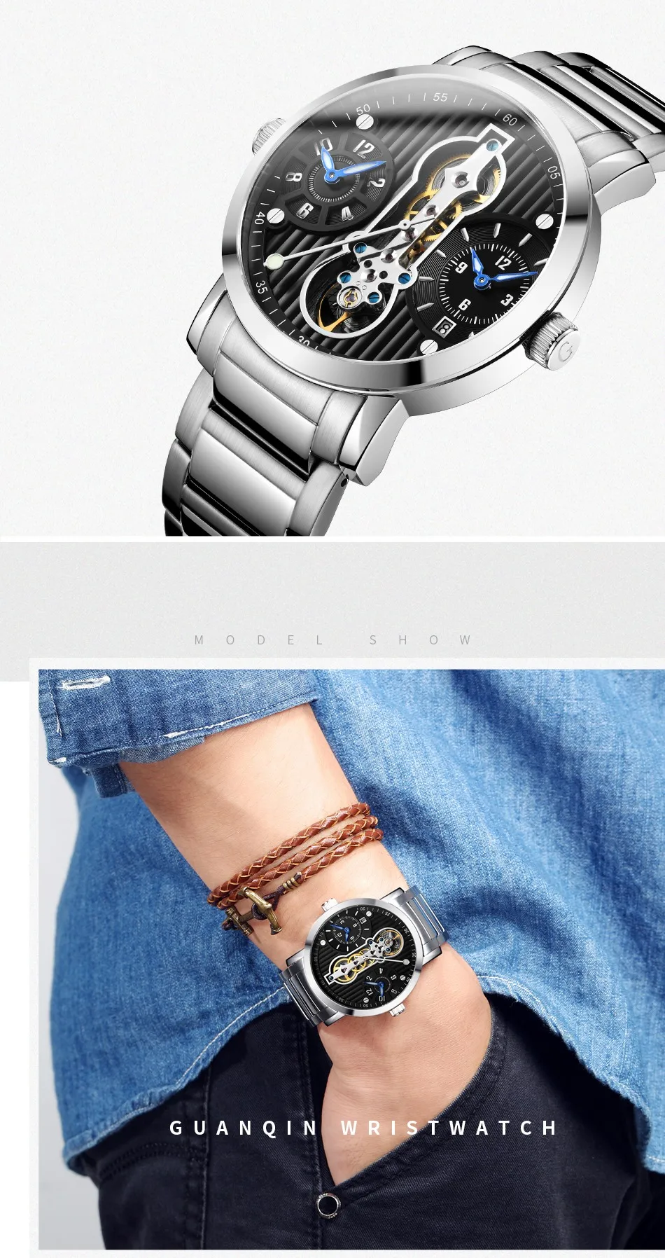GUANQIN Tourbillon, новинка, Автоматический Скелет, Relogio Masculino, спортивные мужские часы, водонепроницаемые, дайвер, деловые часы, 16103 A