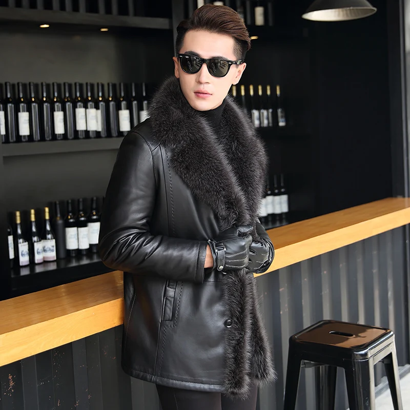 Кожаная мужская куртка из овечьей кожи с воротником енота свитер кашемировой