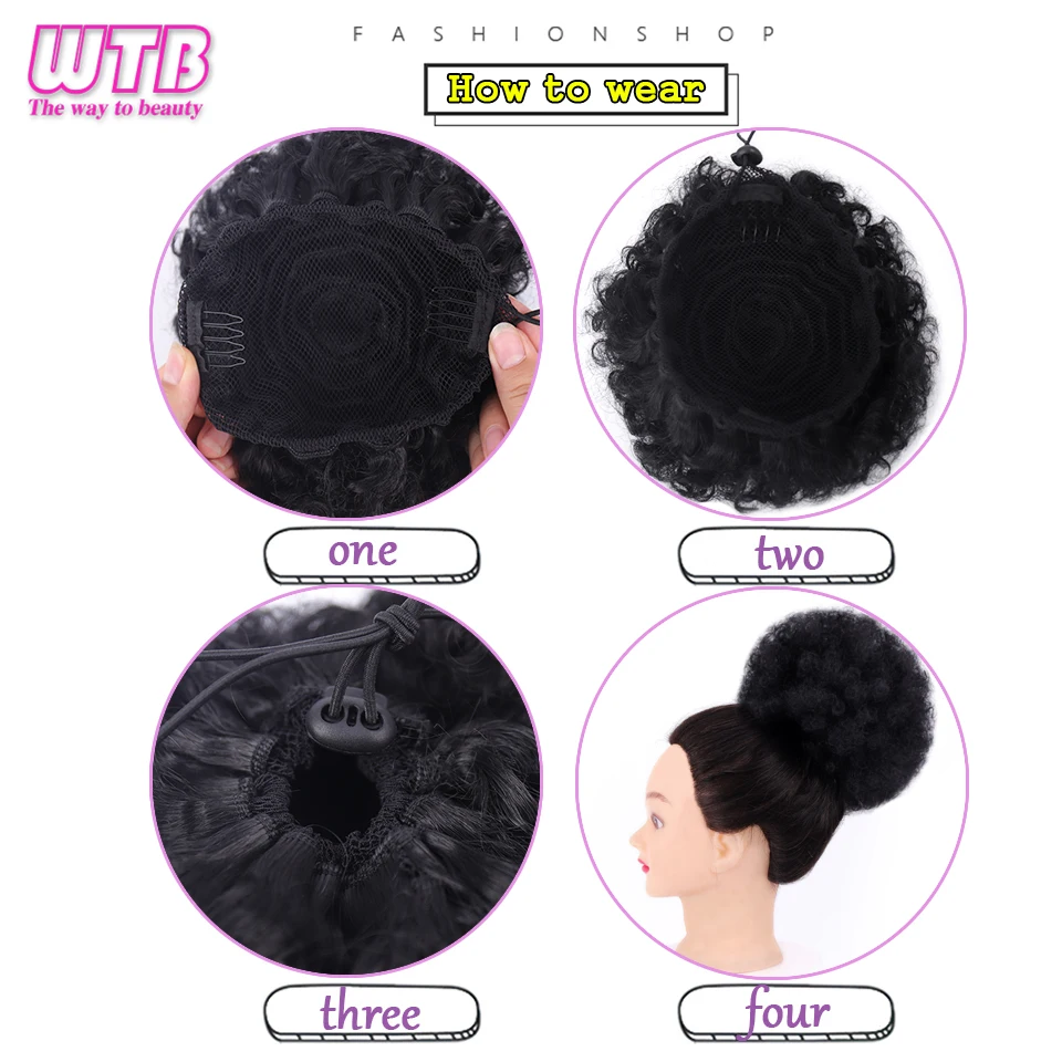 WTB Synthetic Fiber Afro Puff Drawstring Ponytail Short Kinky Curly Hair Bun Chignon Wrap Fake Extensions | Шиньоны и парики