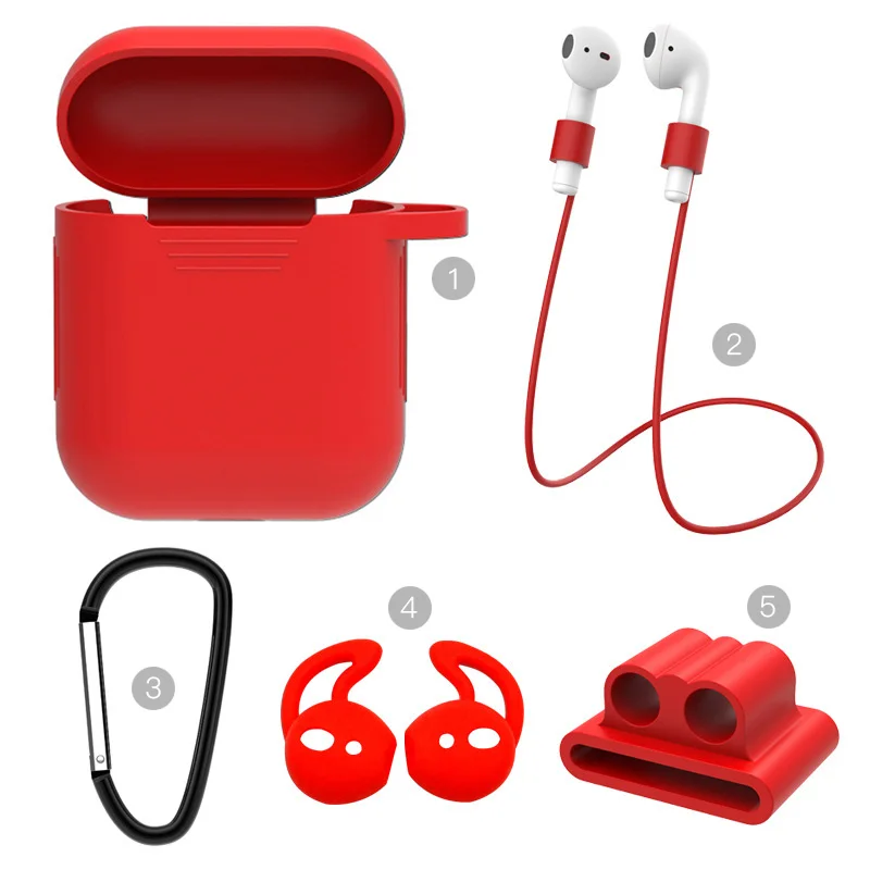 Мягкий силиконовый чехол для Airpods, противоударный защитный чехол для наушников, водонепроницаемый чехол для Air Pods, комплект из 5 предметов - Цвет: Red-No headphones