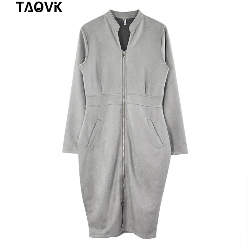 Grey TAOVK High Street Suede Платье женское с длинным рукавом Bodycon платье с молнией винтажный воротник-стойка офисные женские платья - Цвет: Grey