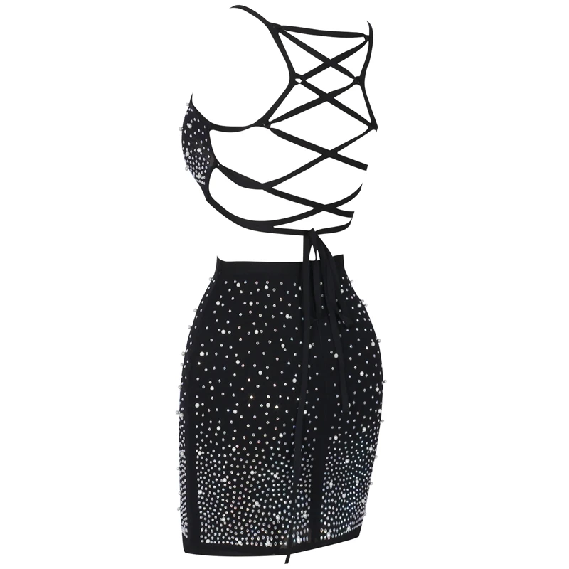 Ocstrade 2019 новая мода черный сетки и бисером Bodycon Женский костюм из двух предметов