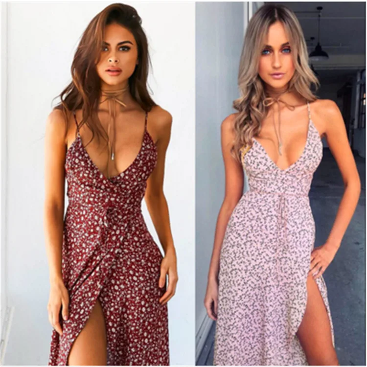 Женское длинное платье с цветочным принтом V образным вырезом и разрезом|long dress|long