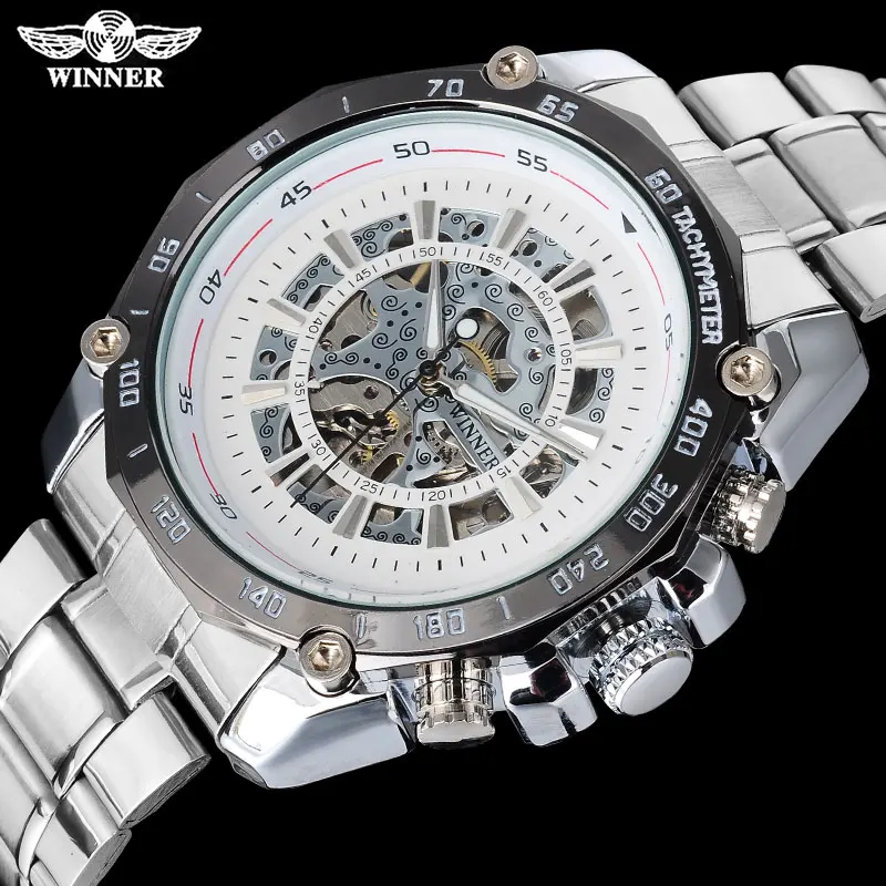 

WINNER fashion casual mechanical watches men luxury brand skeleton dials wristwatches silver stainless steel band reloj hombre