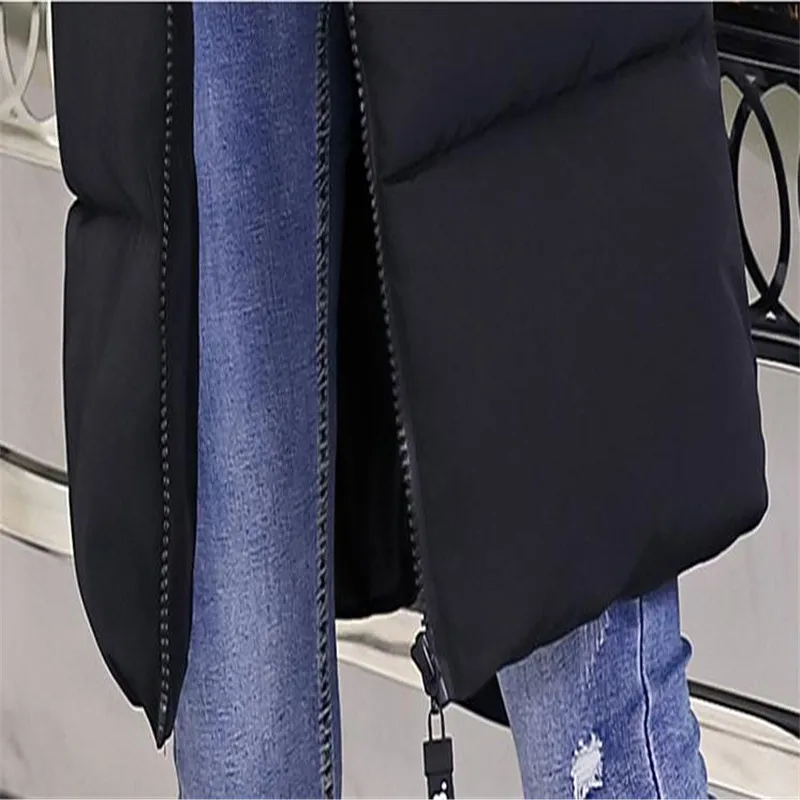 Жилет женский зимний средней длины с капюшоном на молнии и карманами Q476 2018 |