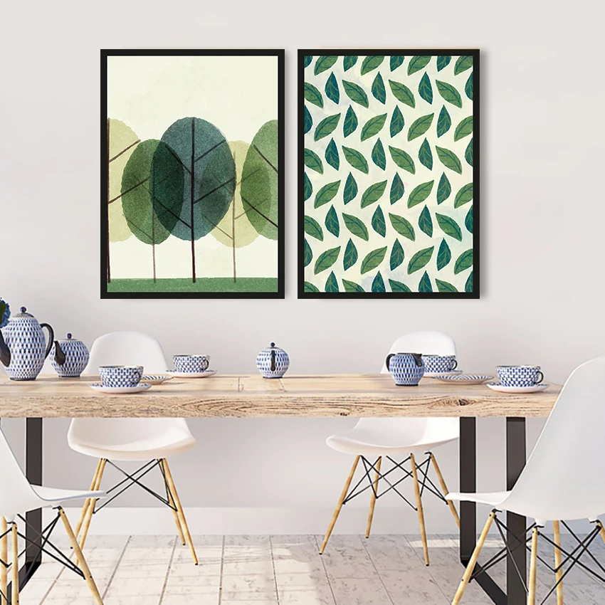 Картины на холсте с зелеными листьями деревьями в минималистском стиле