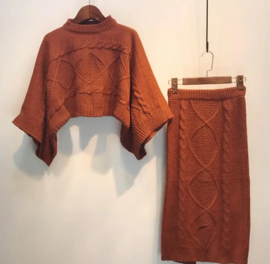 

new fashion twist sweater skirts + sweater tops bat sleevse knit women's suits