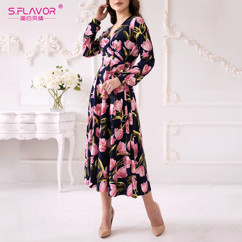 S.FLAVOR Flowers Printed Women Dress Elegant V neck Sexy Party Vestidos De Festa Autumn Winter Casual Dresses|Женские платья| |