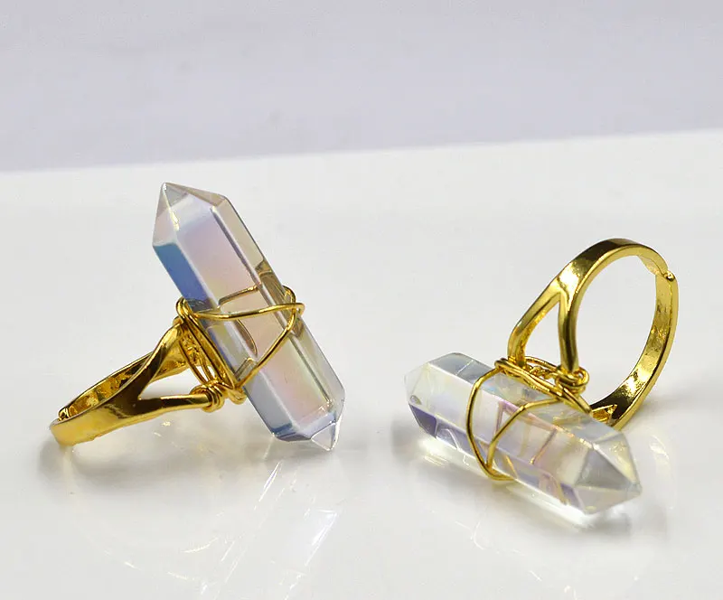 Регулируемое кольцо из титана АВ с прозрачным кварцевым золотым проводом 32x8 мм