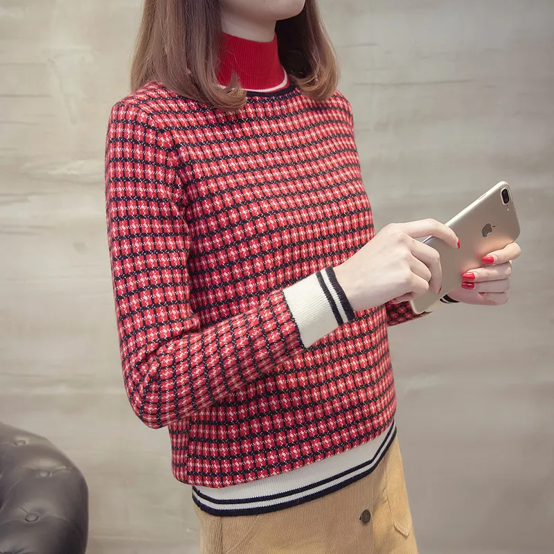 Spring Ladies Sweater 2019 New High Collar Loose Pullover Short Plaid Knitwear Autumn Wild Long Sleeve Bottoming Lj129 | Женская одежда