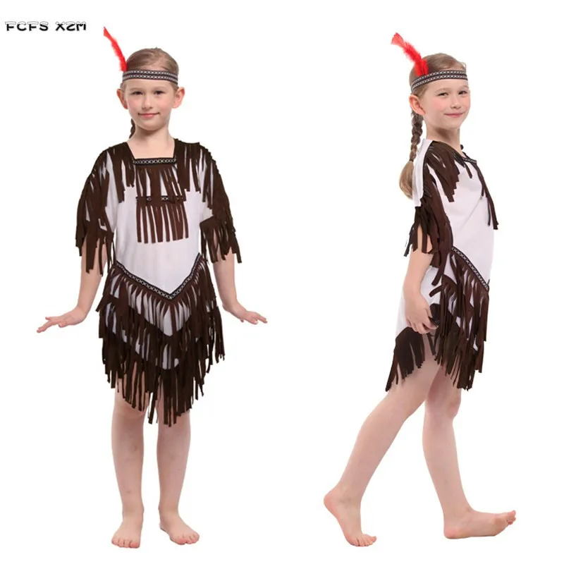 Girls Halloween Pocahontas Princess costumes Children Primitive Indian traditional Cosplay Carnival Purim Stage play party dress |