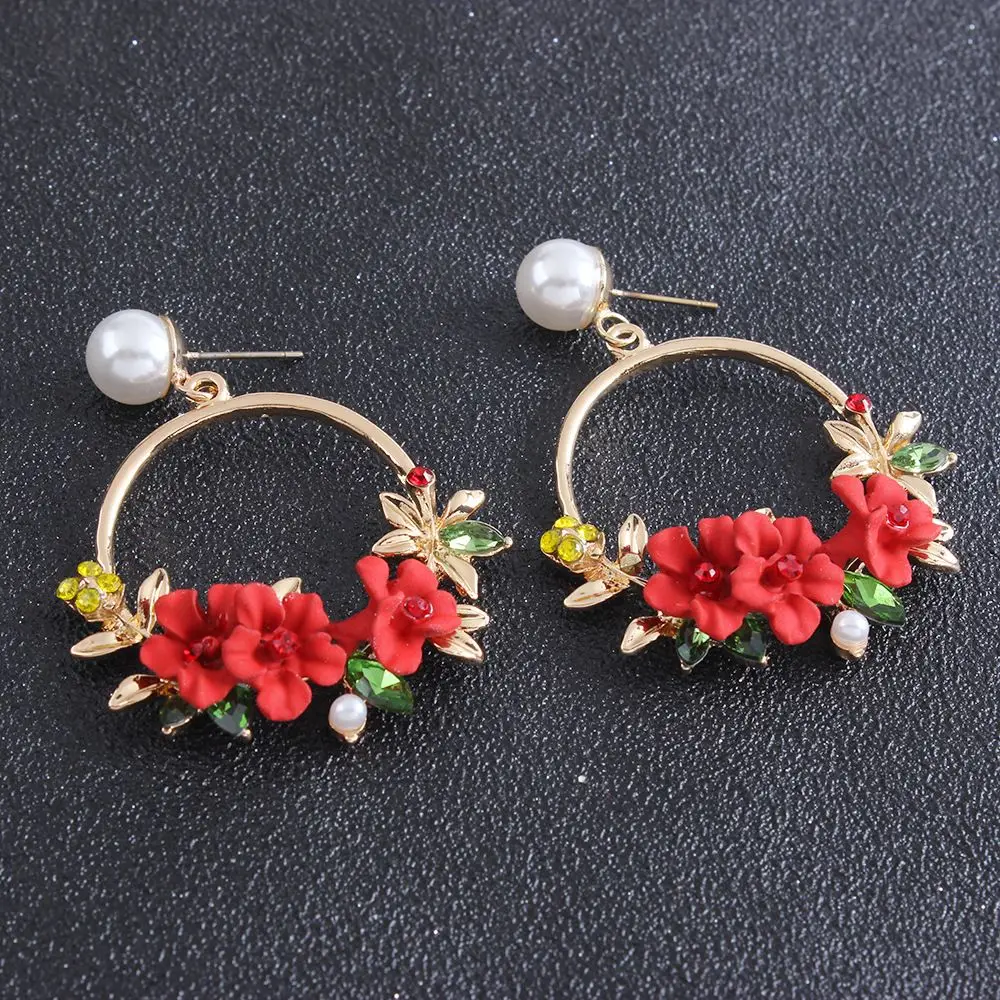 Fashion Simulated Pearl Earrings Elegant Circle Flower Drop for Women Sweet Resin Rhinestone Earring Jewelry|Серьги-подвески| |