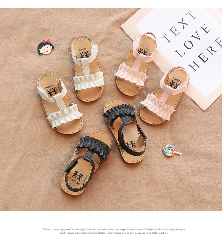 Детские сандалии модные кожаные летние для девочек обувь принцессы с оборками