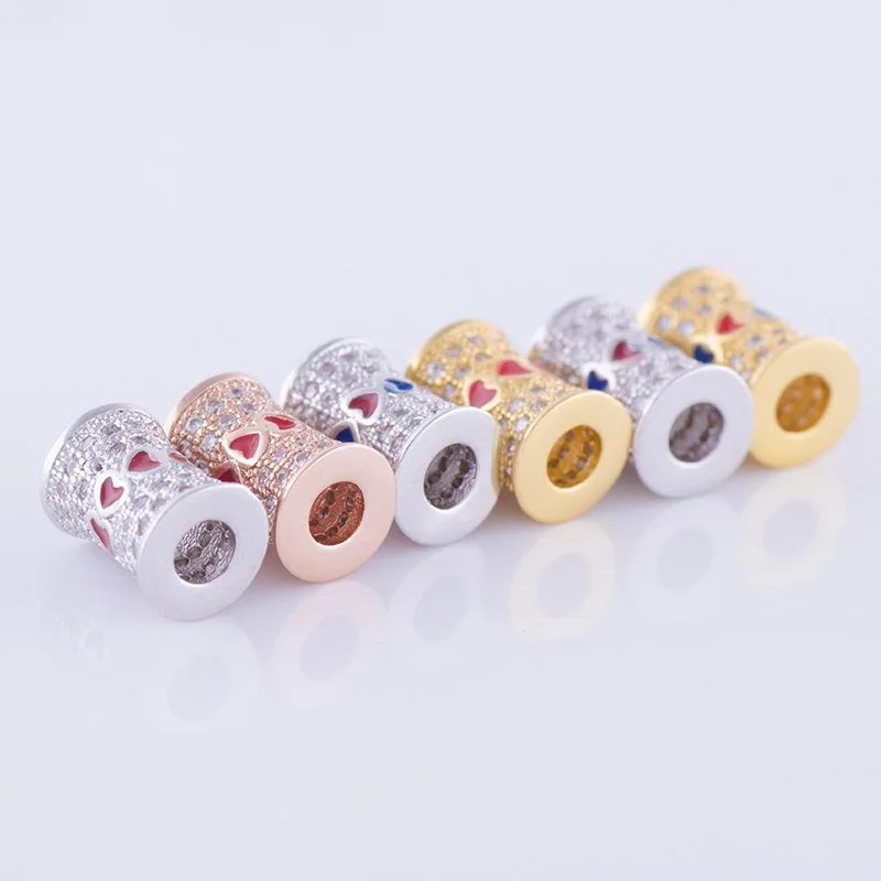 perles en gros DIY Top Quality Copper Metal Inlaid Cubic Zircon with Enamel Heart Long Tube Spacer Beads For Jewelry Making | Украшения и