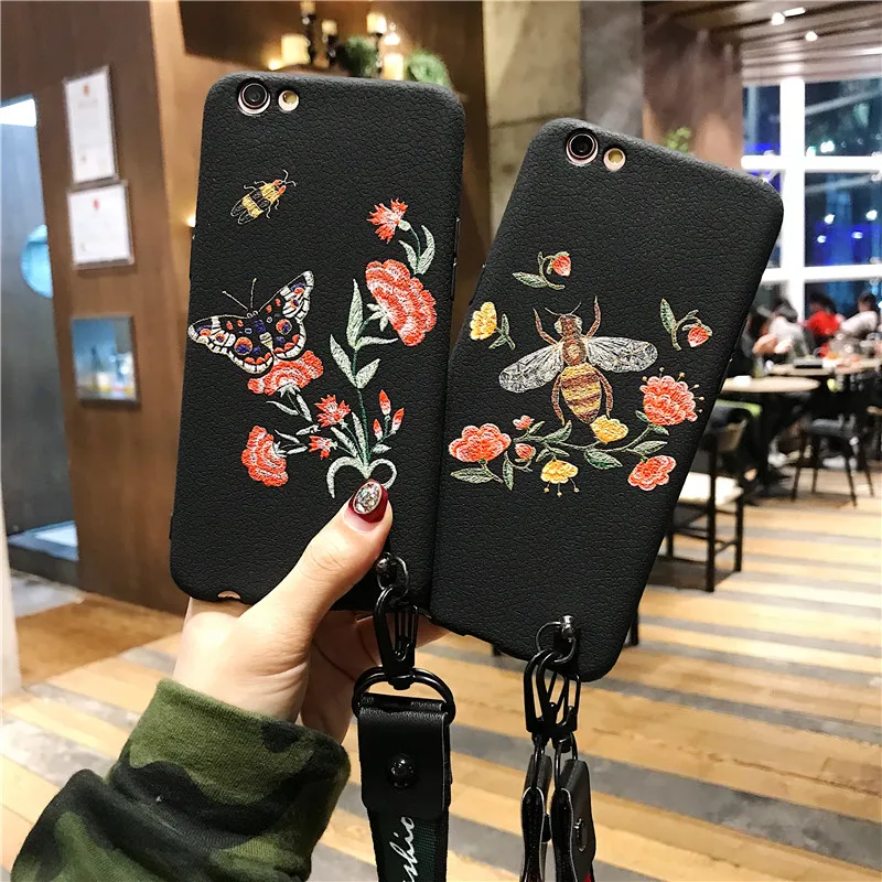 Черный мягкий чехол из ТПУ с вышивкой бабочки и пчелы для iphone8 7 6 6S PLUS X 5 SE телефона