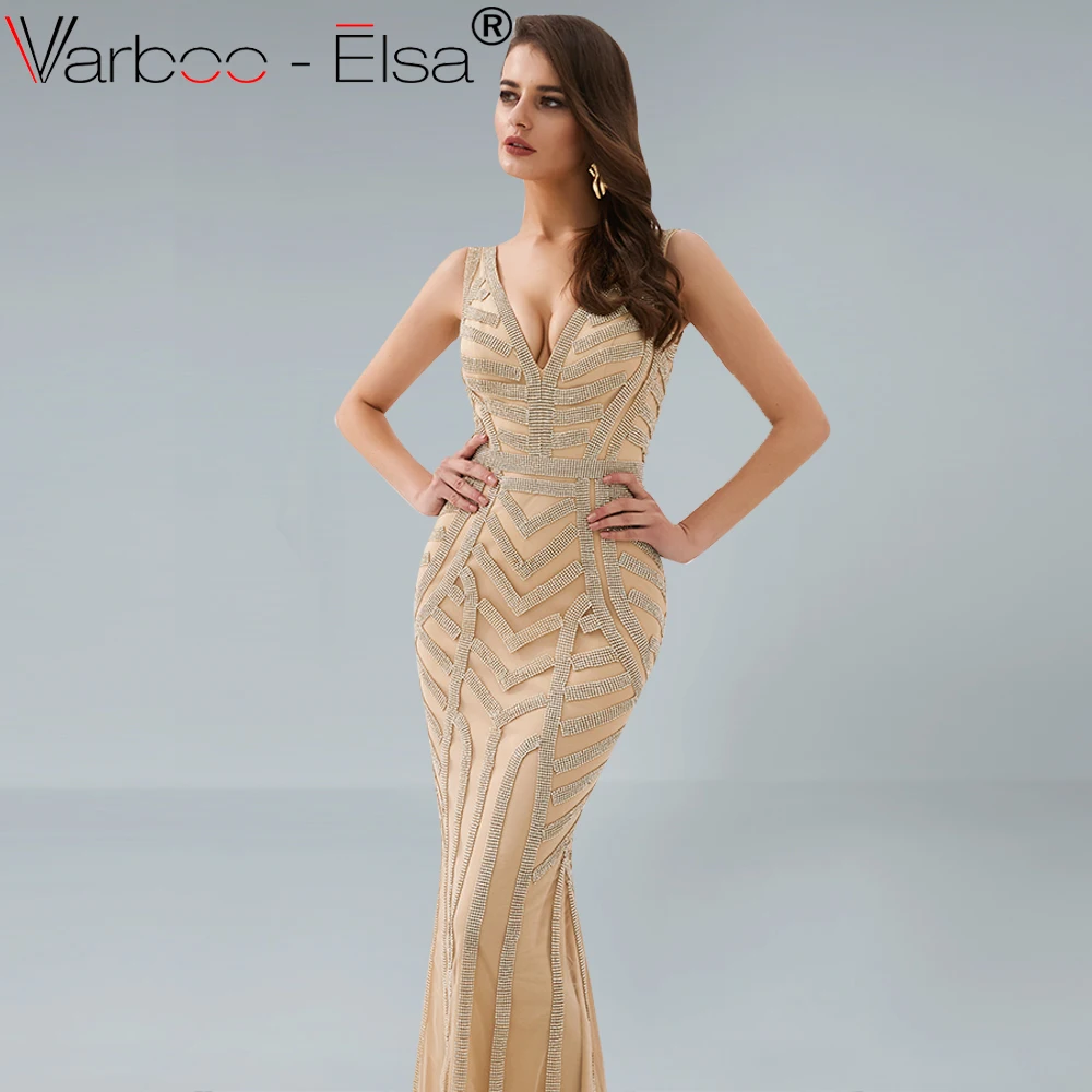 VARBOO_ELSA роскошные золотые Выпускные платья Длинные 2019 с v образным вырезом без