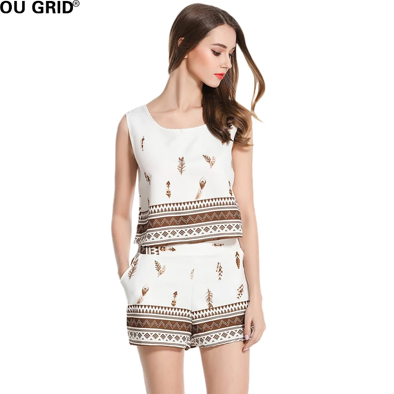 Старинные Печати Шорты Костюм Женщины Лето Рукавов Короткий О Образным Вырезом