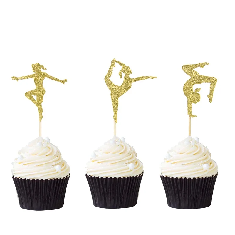 12pcs Gymnast Cupcake Toppers Gold Glitter Gymnastics Girl Cupcake Picks Baby Shower Birthday Party Cake Decors