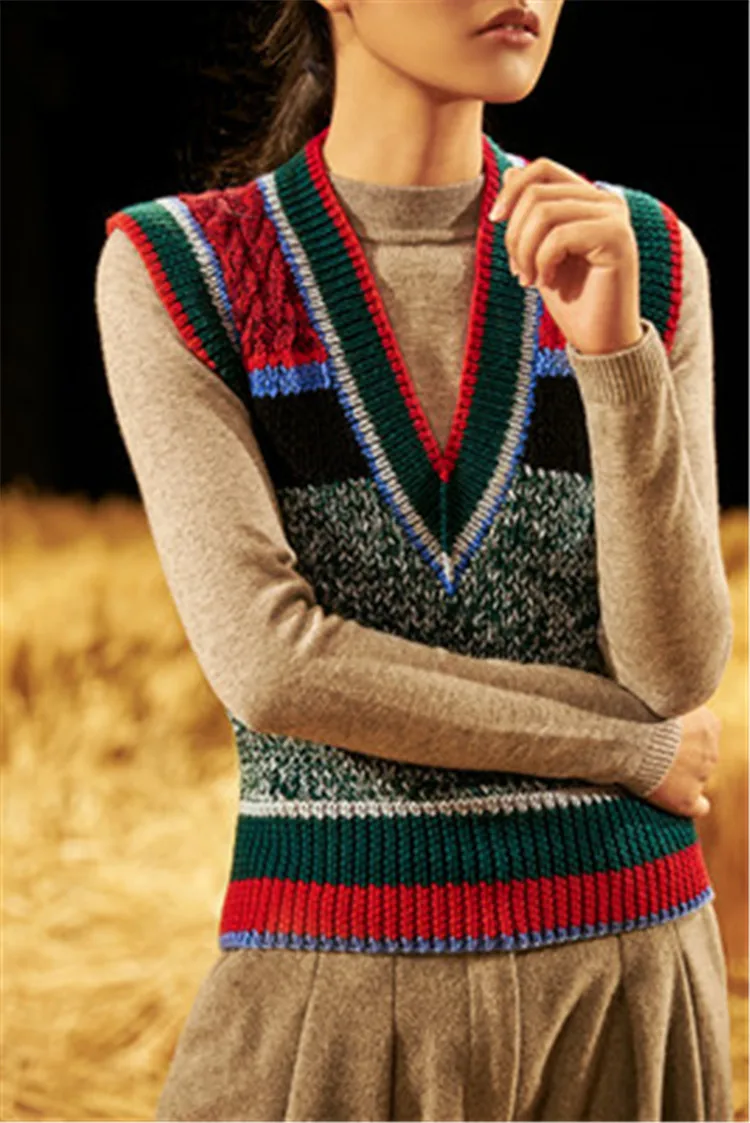 

100% hand made pure wool knit women fashion Vneck sleeveless contrast color striped H-straight vest sweater one&over size