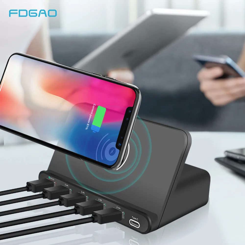 Быстро Qi Беспроводной зарядной станции 6 Порты и разъёмы USB Multi Зарядное