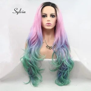 Sylviaрозовый и зеленый длинные волнистые волосы, синтетические кружевные передние парики для женщин, термостойкие волокна, волосы для косплея