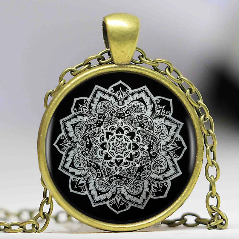 Индийская мандала цветок кулон ожерелье тату Цветок Черное Ожерелье-цепь