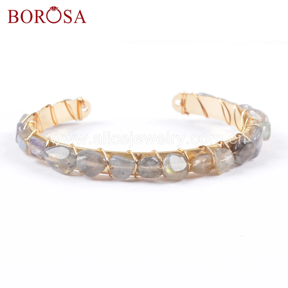 BOROSA 5/10PCS Fashion Natural Labradorite Beads Bangles Gold Color Wire Wrapped Gems Stone Bracelet for Wholesale WX1035 | Украшения и