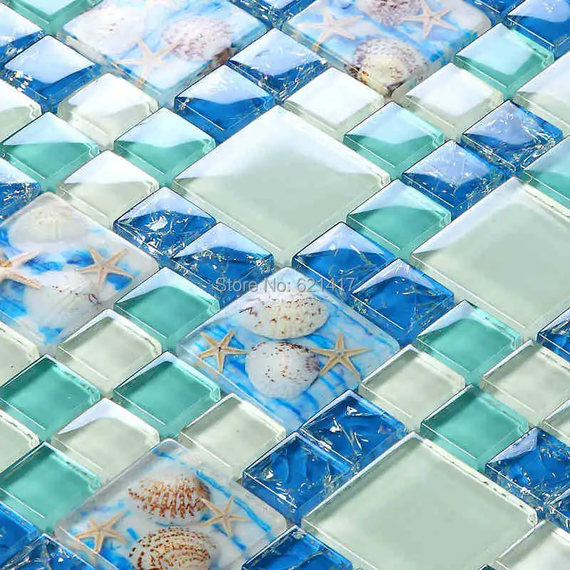

New! blue color crystal glass mixed sea shell mosaic for kitchen backsplash tile bathroom shower hallway wall mosaic