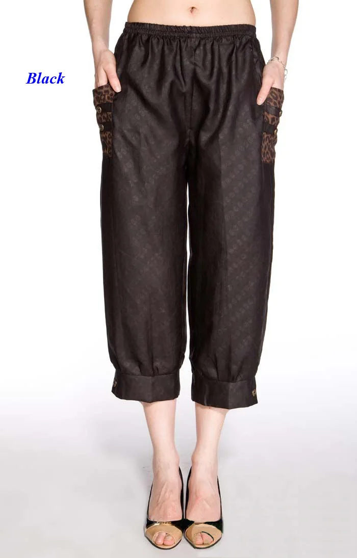 New arrival pure silk  wateredgauze lady leopard print pants,100% Gambiered Canton silk side-pockets 8 cropped Pants women