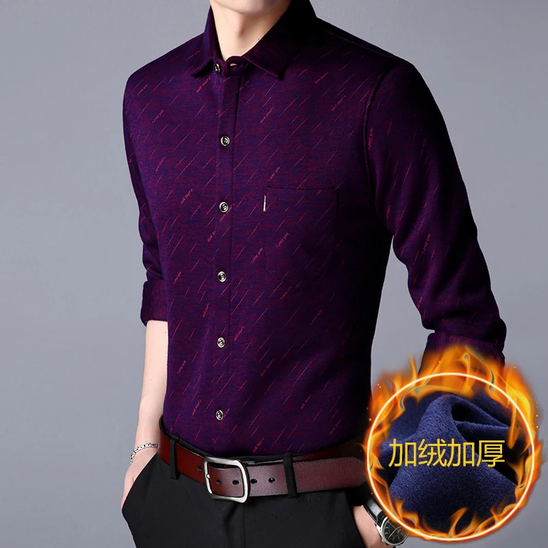 2018 new Mens Long Sleeve Plus Velvet Shirts purple Blue Slim Elegant Men Winter Keep Warm Striped Turn down Collar Shirt | Мужская
