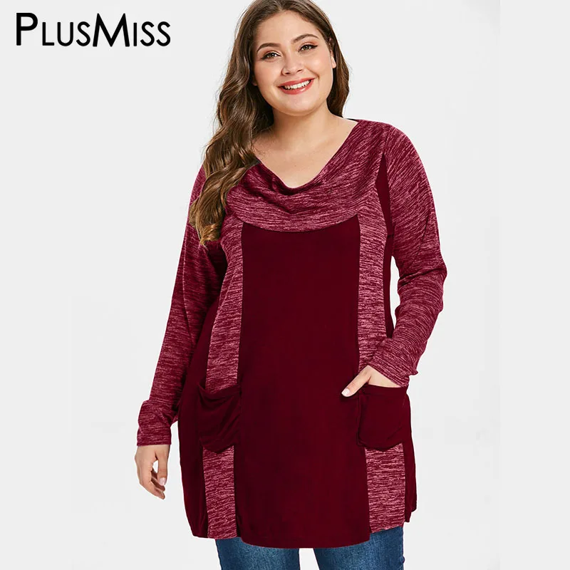 PlusMiss плюс размер 5XL свободные футболки с длинными рукавами и двойным карманом