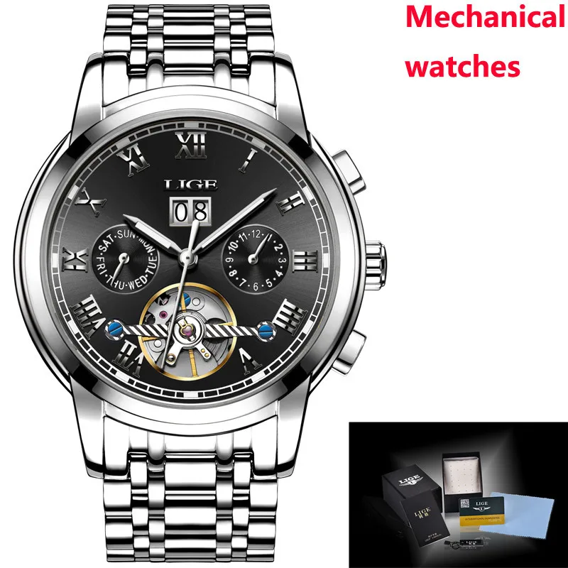 Steel silver black LIGE мужские часы Топ бренд класса люкс бизнес школьник автоматические механические часы спортивные водонепроницаемые мужские часы Военные мужские часы - Цвет: Steel silver black