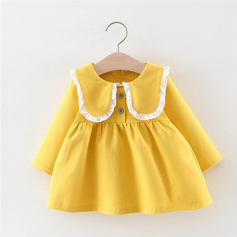 Yellow Г. Осеннее платье для От 0 до 2 лет девочек, детские хлопковые платья с длинными рукавами и воротником с оборками Vestidos S9349 - Цвет: Yellow