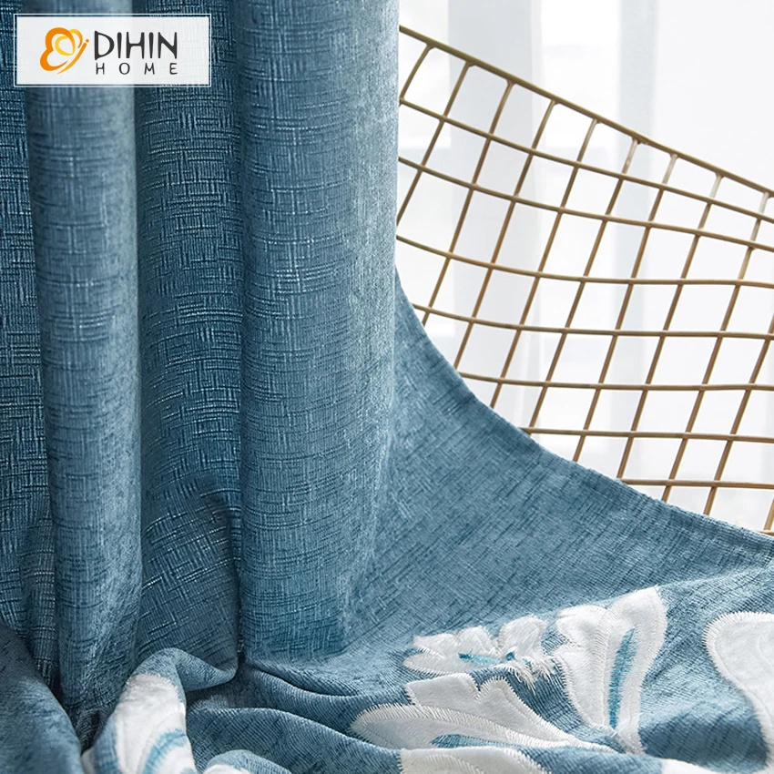 Роскошные вышитые затемняющие шторы синего цвета для гостиной индивидуальные на